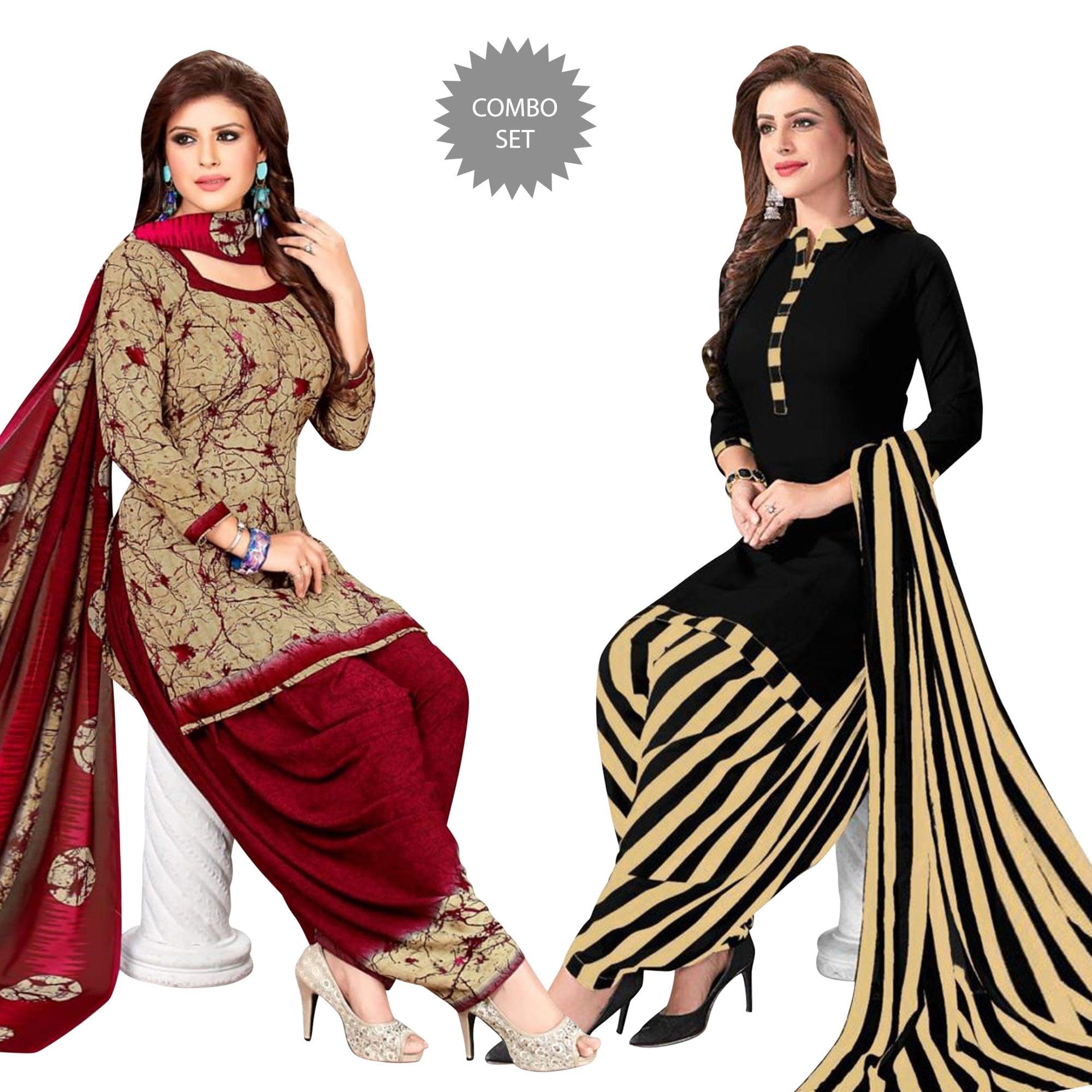 Beige & Black Casual Wear Printed Crepe Patiala Dress Material - Pack Of 2 - Peachmode