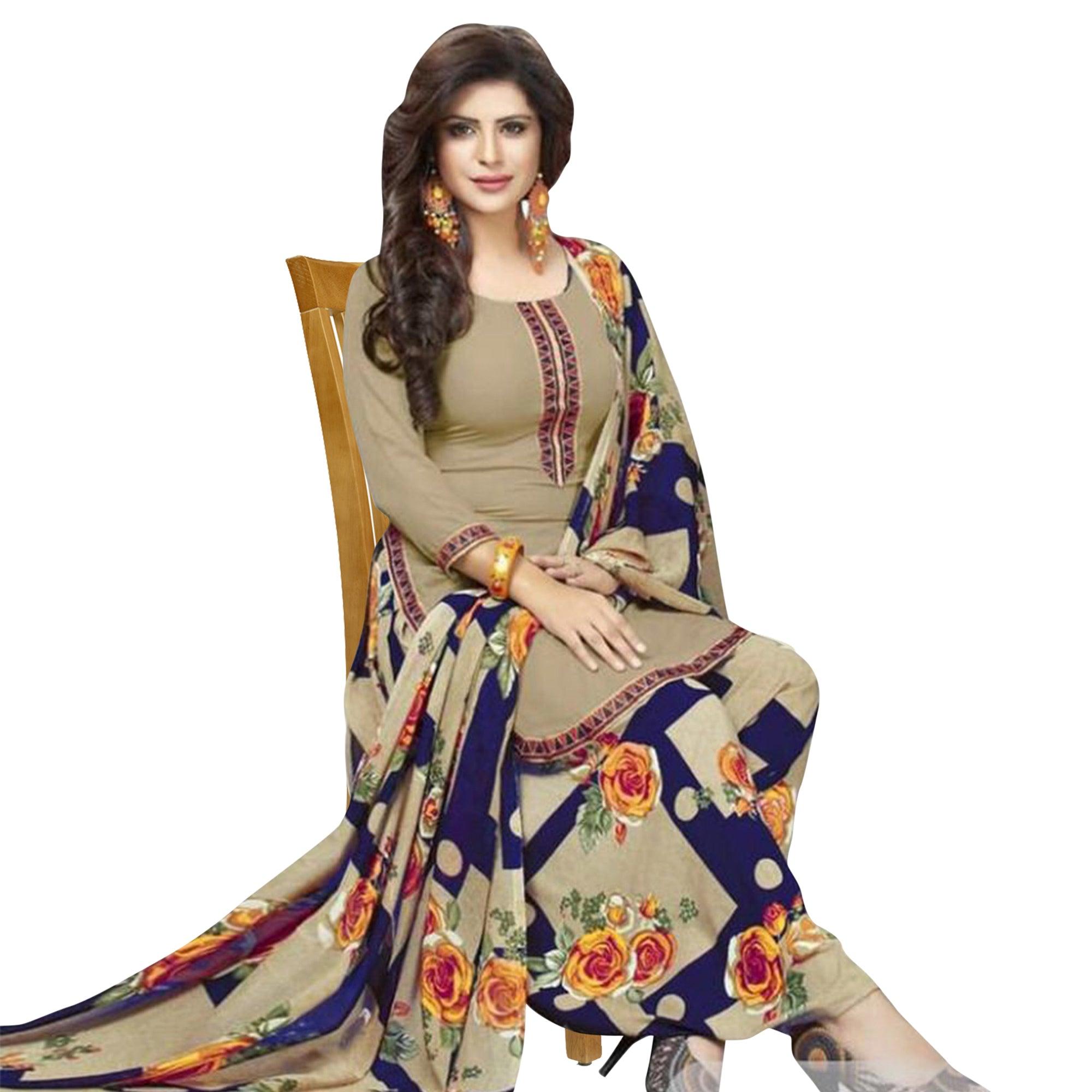 Beige & Black Casual Wear Printed Crepe Patiala Dress Material - Pack Of 2 - Peachmode