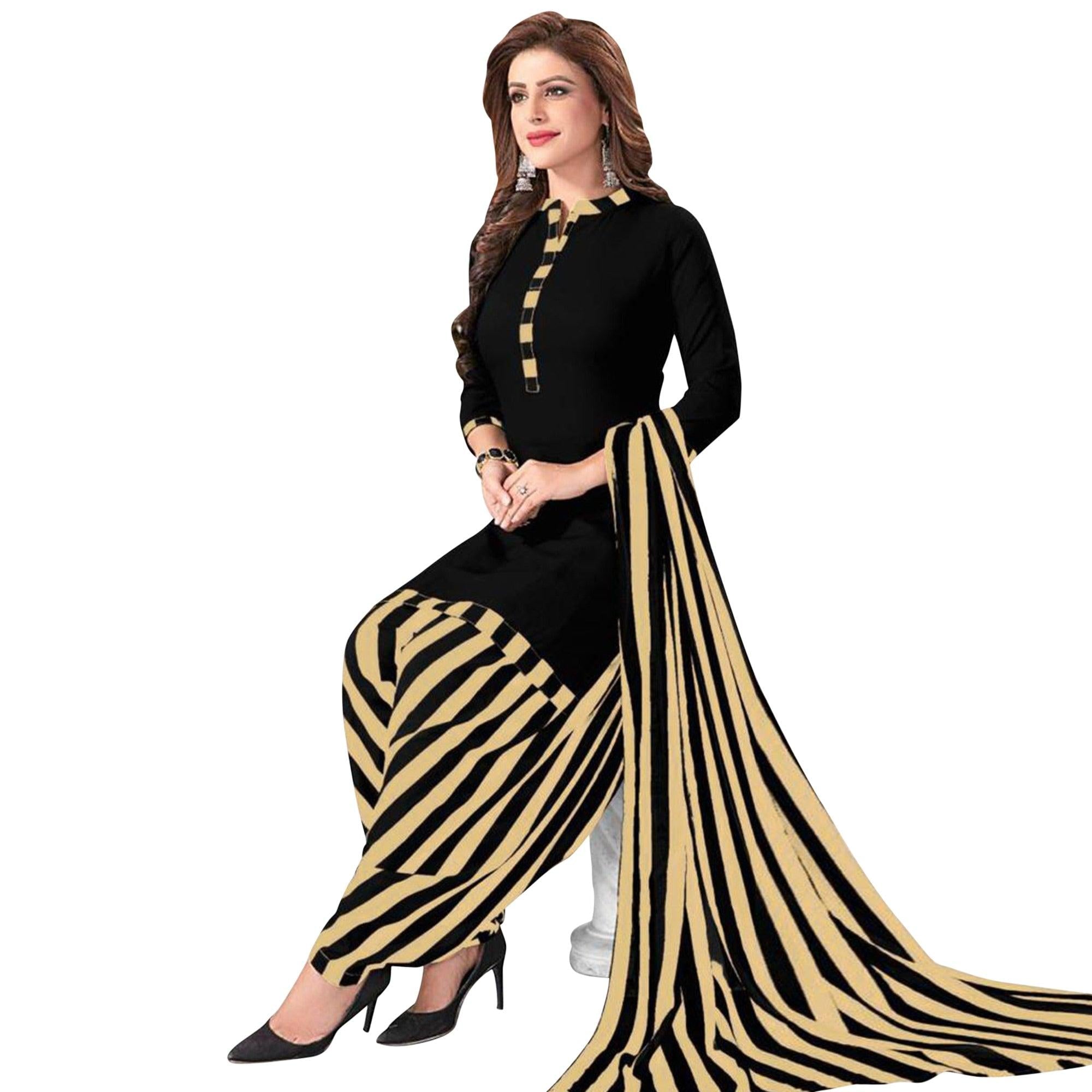 Beige & Black Casual Wear Printed Crepe Patiala Dress Material - Pack Of 2 - Peachmode