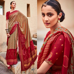 Beige & Crimson Festive Wear Printed Silk Saree - Peachmode