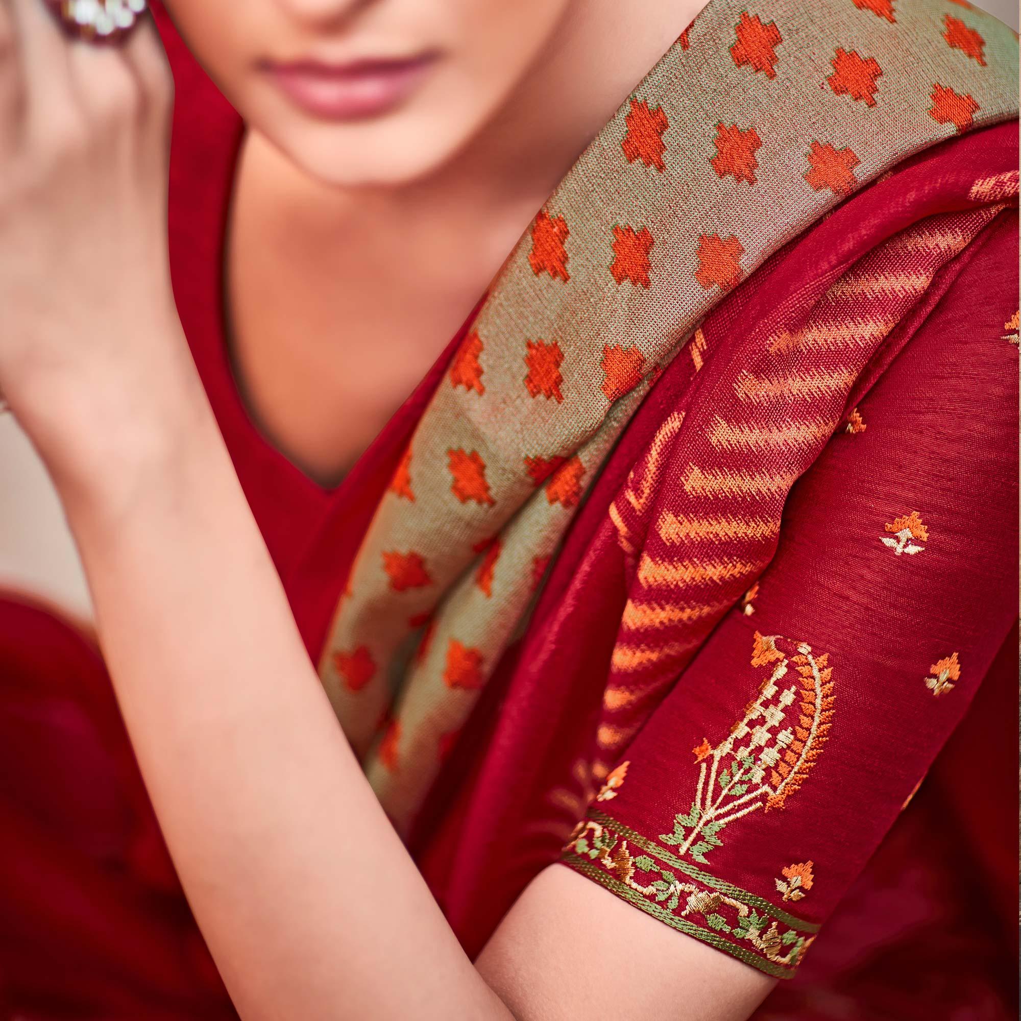 Beige & Crimson Festive Wear Printed Silk Saree - Peachmode