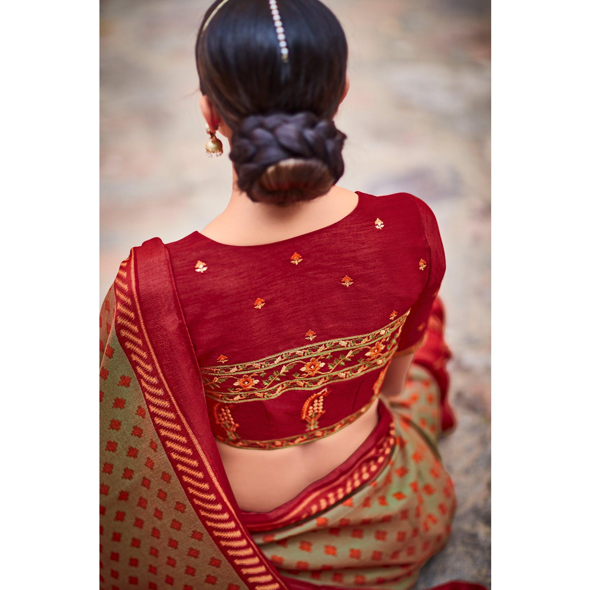 Beige & Crimson Festive Wear Printed Silk Saree - Peachmode