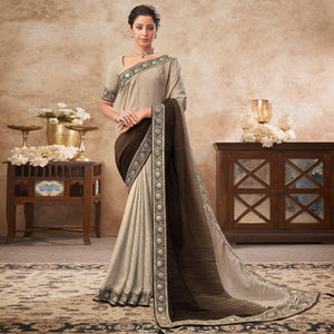 Beige & Dark Brown Sequence Embroidered Chiffon Half & Half Saree - Peachmode