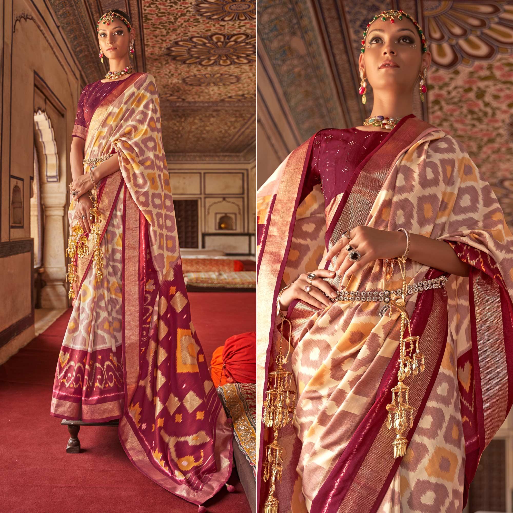 Beige & Maroon Ikkat Printed-Woven Patola Art Silk Saree - Peachmode