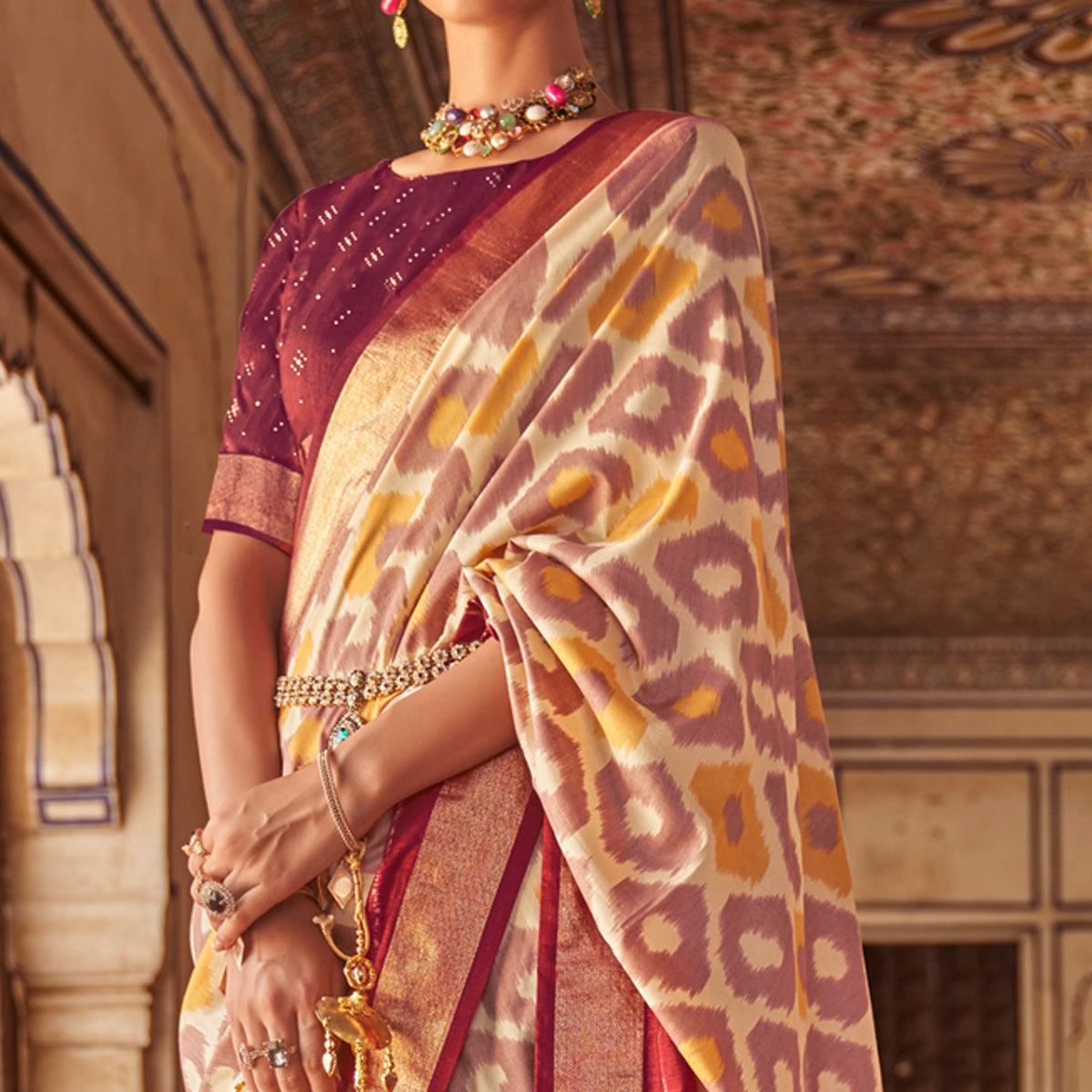 Beige & Maroon Ikkat Printed-Woven Patola Art Silk Saree - Peachmode