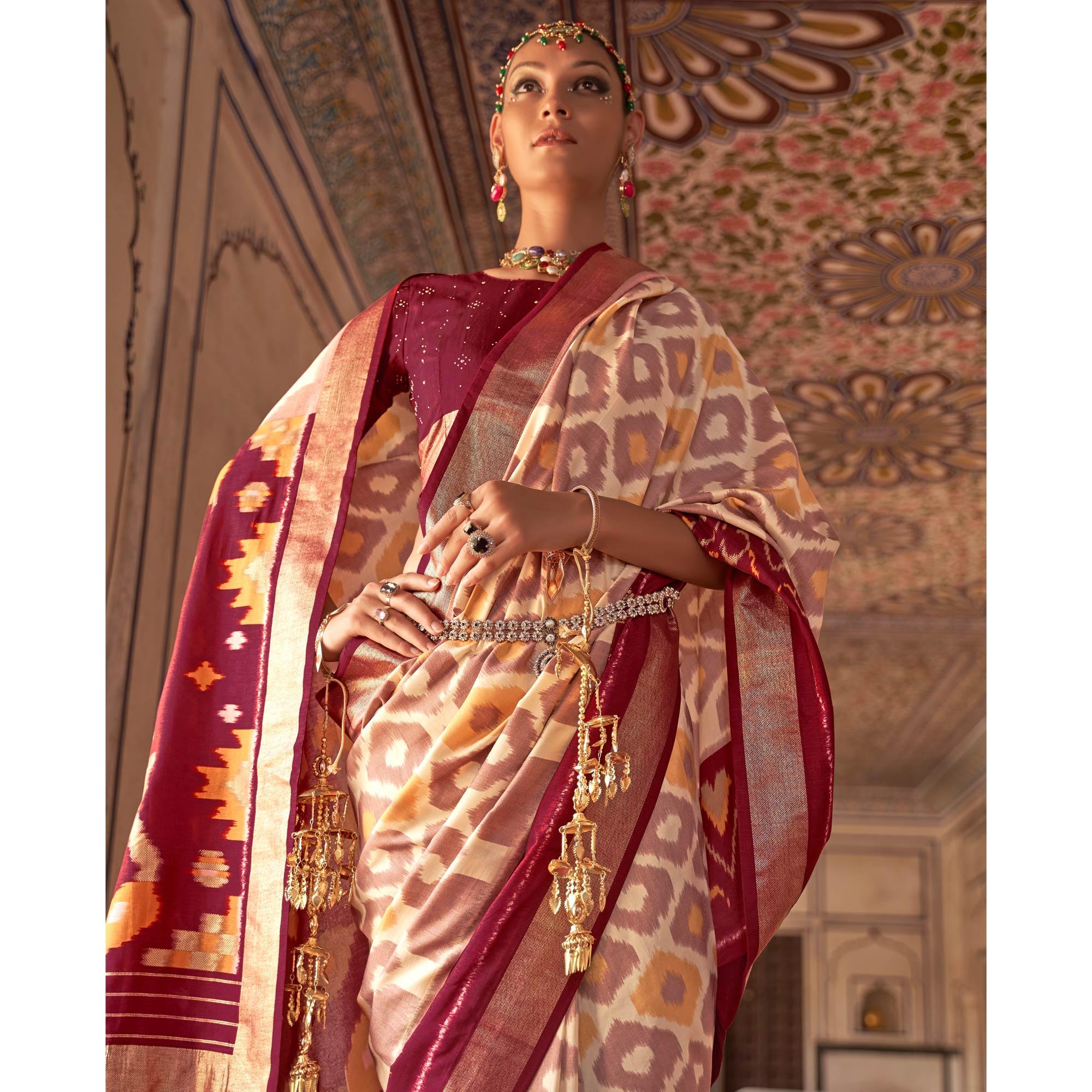 Beige & Maroon Ikkat Printed-Woven Patola Art Silk Saree - Peachmode