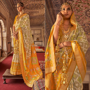 Beige & Mustard Ikkat Printed-Woven Patola Art Silk Saree - Peachmode