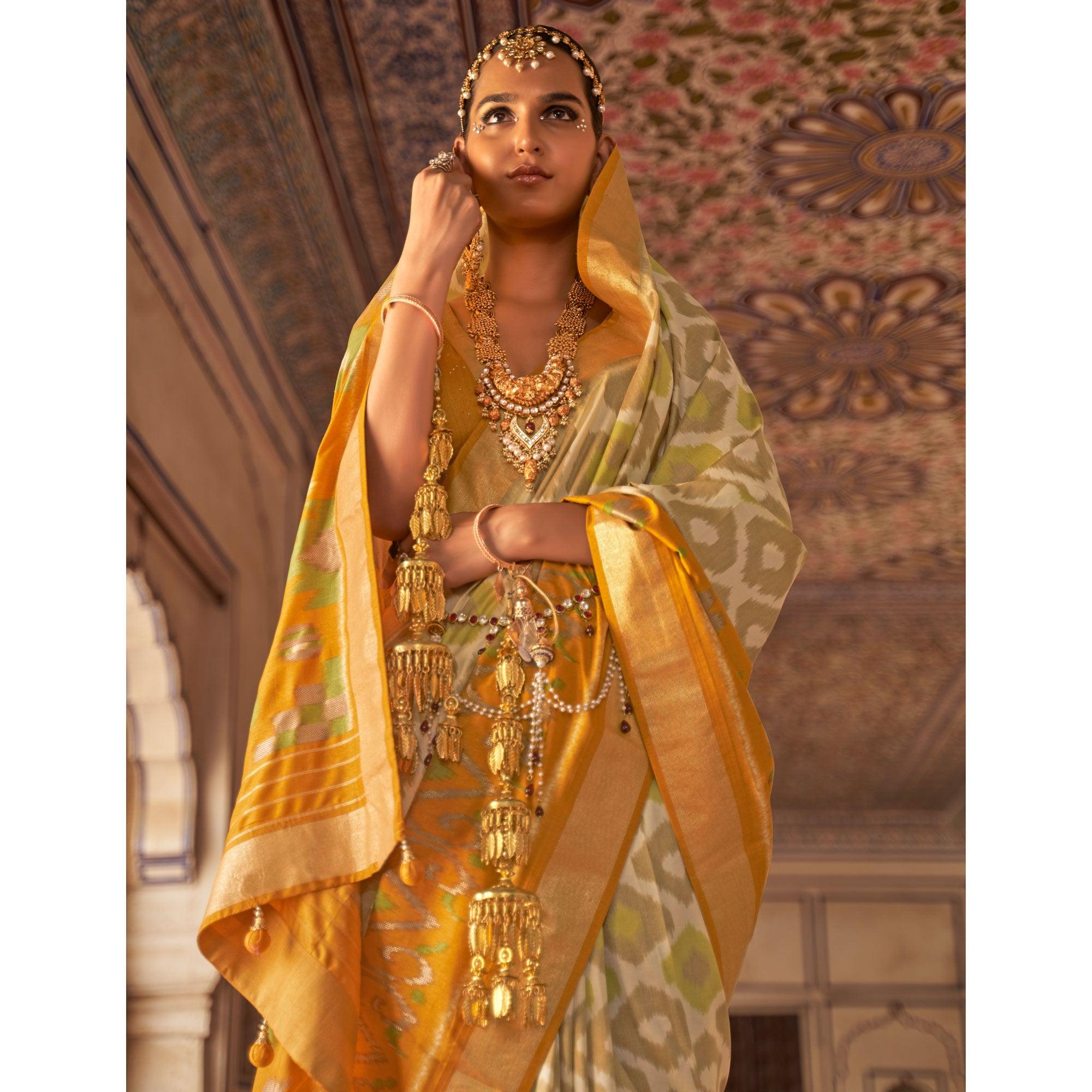 Beige & Mustard Ikkat Printed-Woven Patola Art Silk Saree - Peachmode