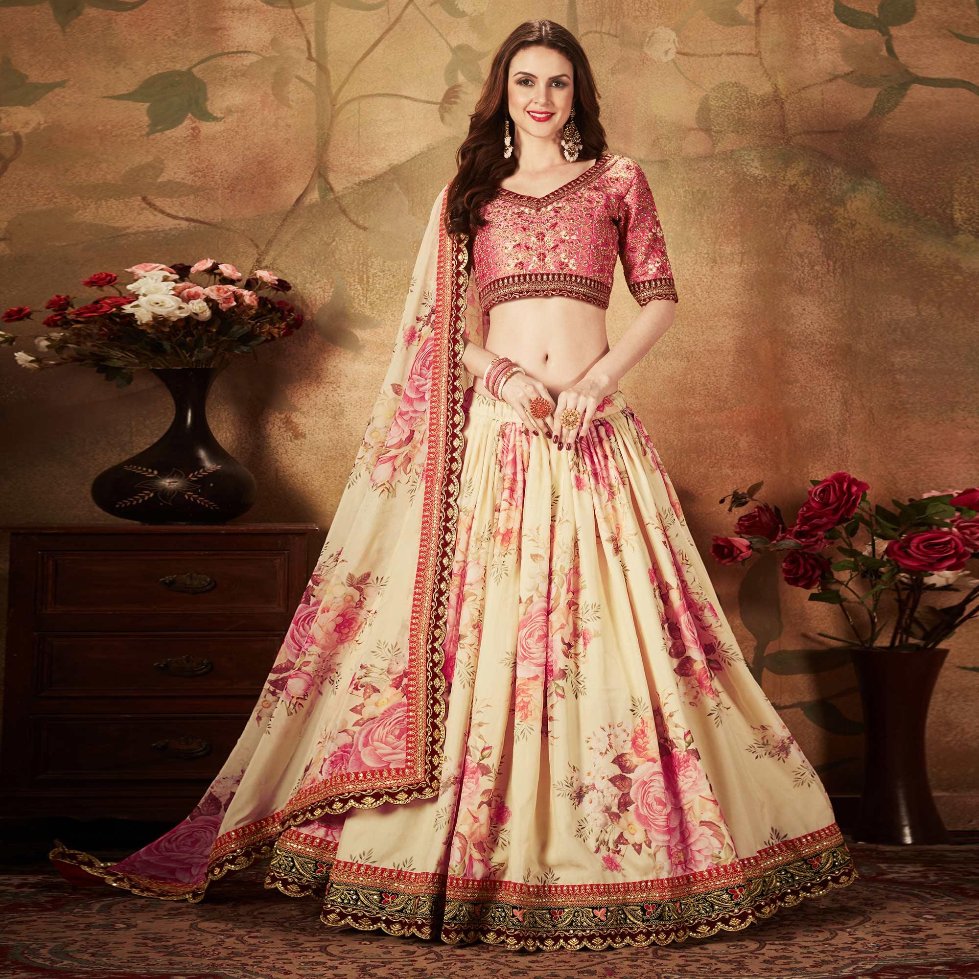 Beige & Peach Partywear Floral Print With Sequins Embroidery Organza Lehenga Choli - Peachmode
