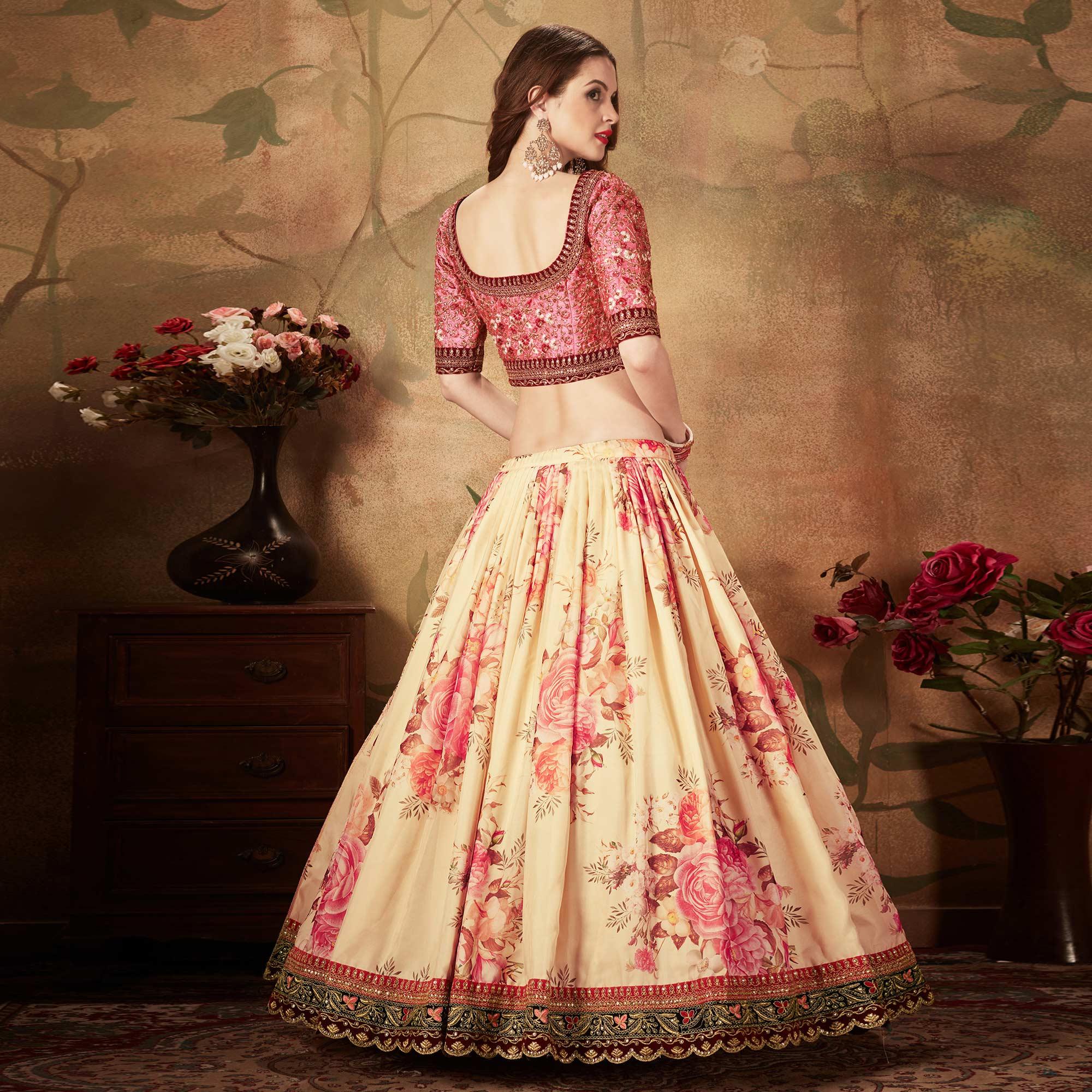 Beige & Peach Partywear Floral Print With Sequins Embroidery Organza Lehenga Choli - Peachmode