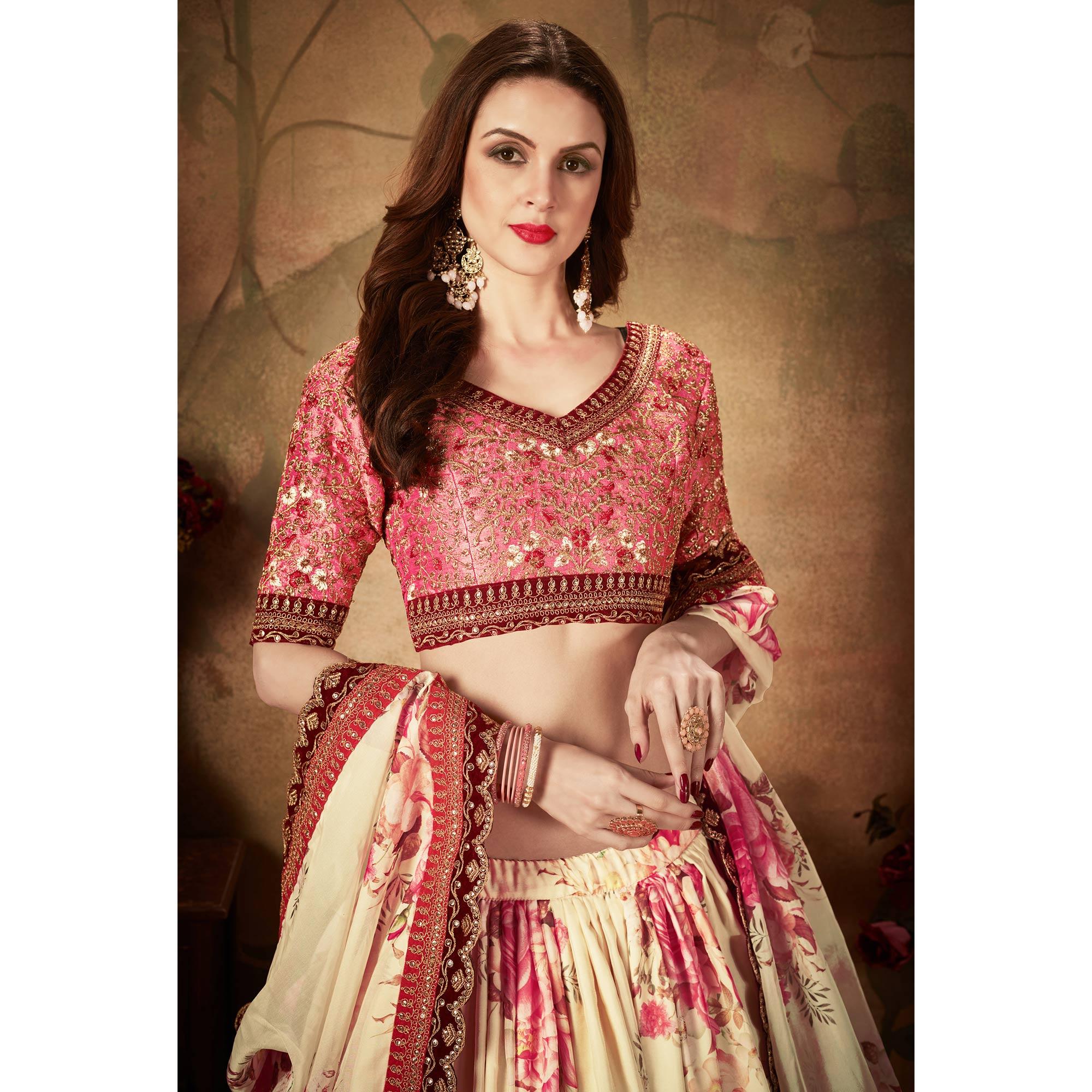 Beige & Peach Partywear Floral Print With Sequins Embroidery Organza Lehenga Choli - Peachmode