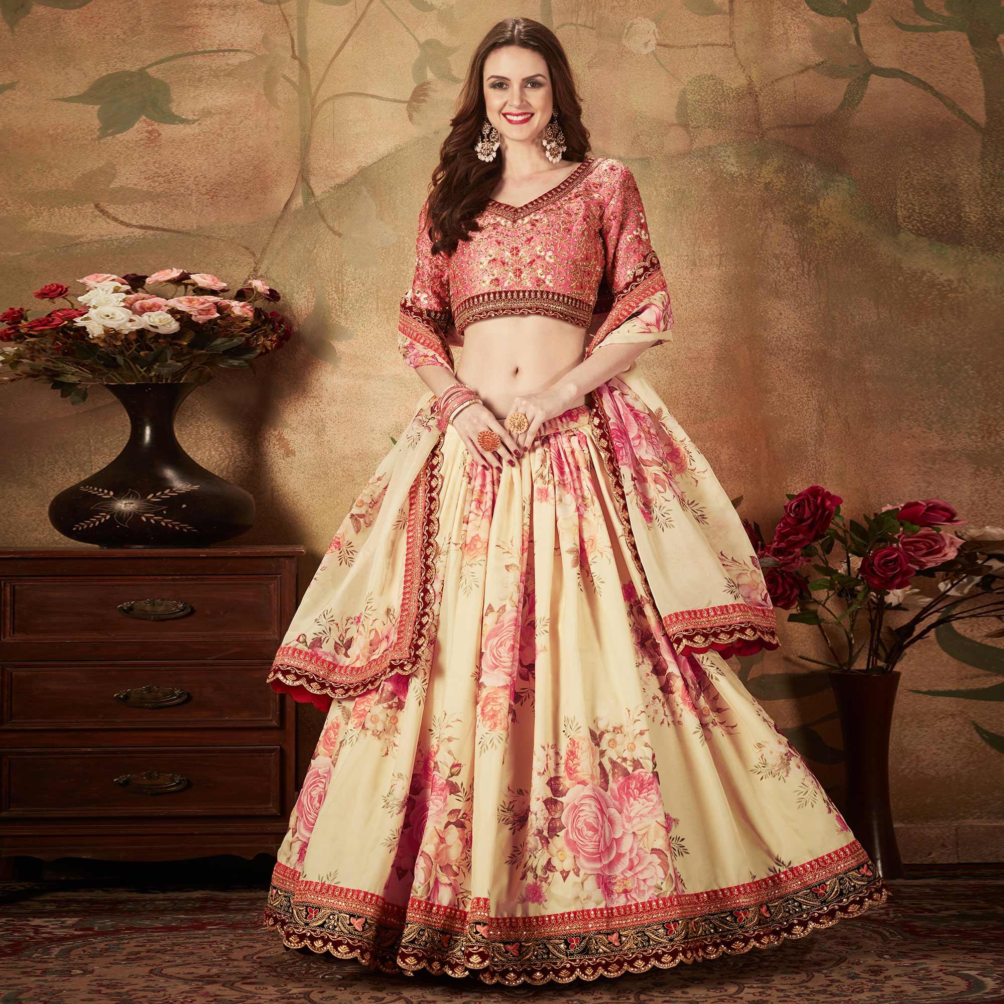 Beige & Peach Partywear Floral Print With Sequins Embroidery Organza Lehenga Choli - Peachmode