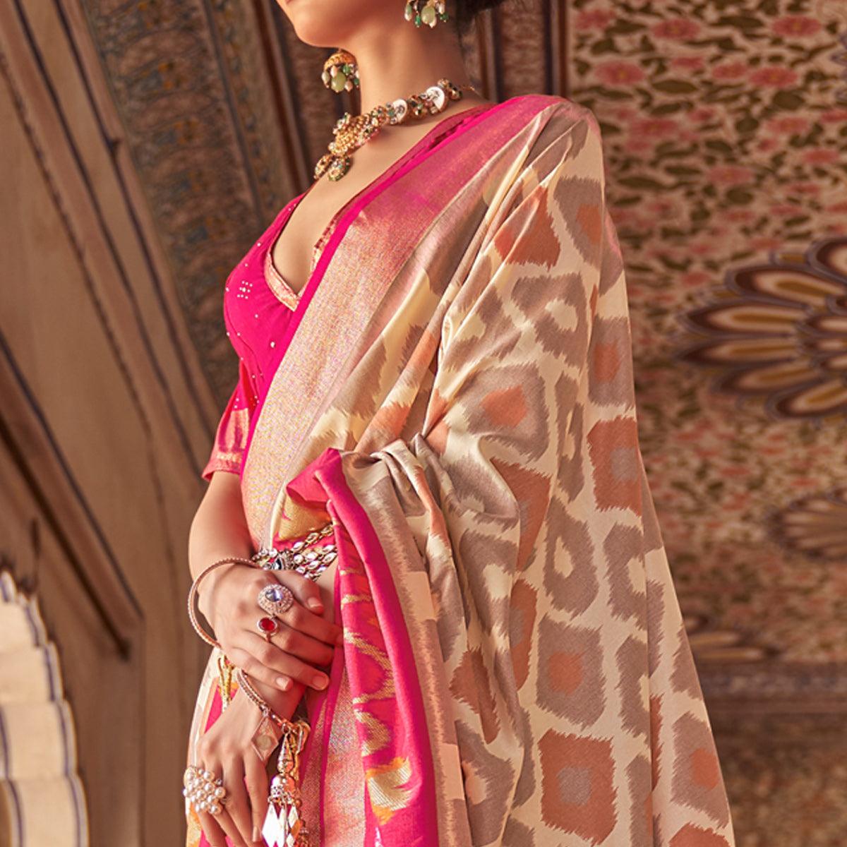 Beige & Pink Ikkat Printed-Woven Patola Art Silk Saree - Peachmode
