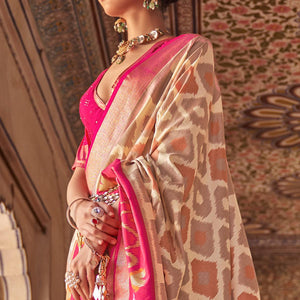 Beige & Pink Ikkat Printed-Woven Patola Art Silk Saree - Peachmode