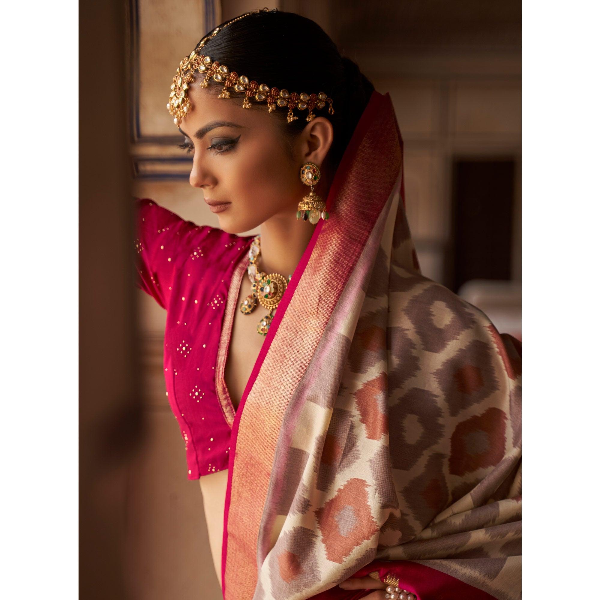 Beige & Pink Ikkat Printed-Woven Patola Art Silk Saree - Peachmode