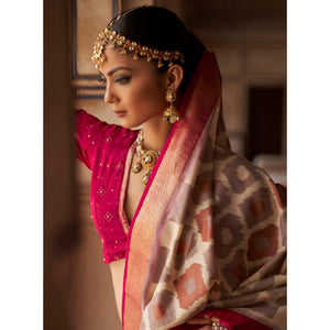 Beige & Pink Ikkat Printed-Woven Patola Art Silk Saree - Peachmode