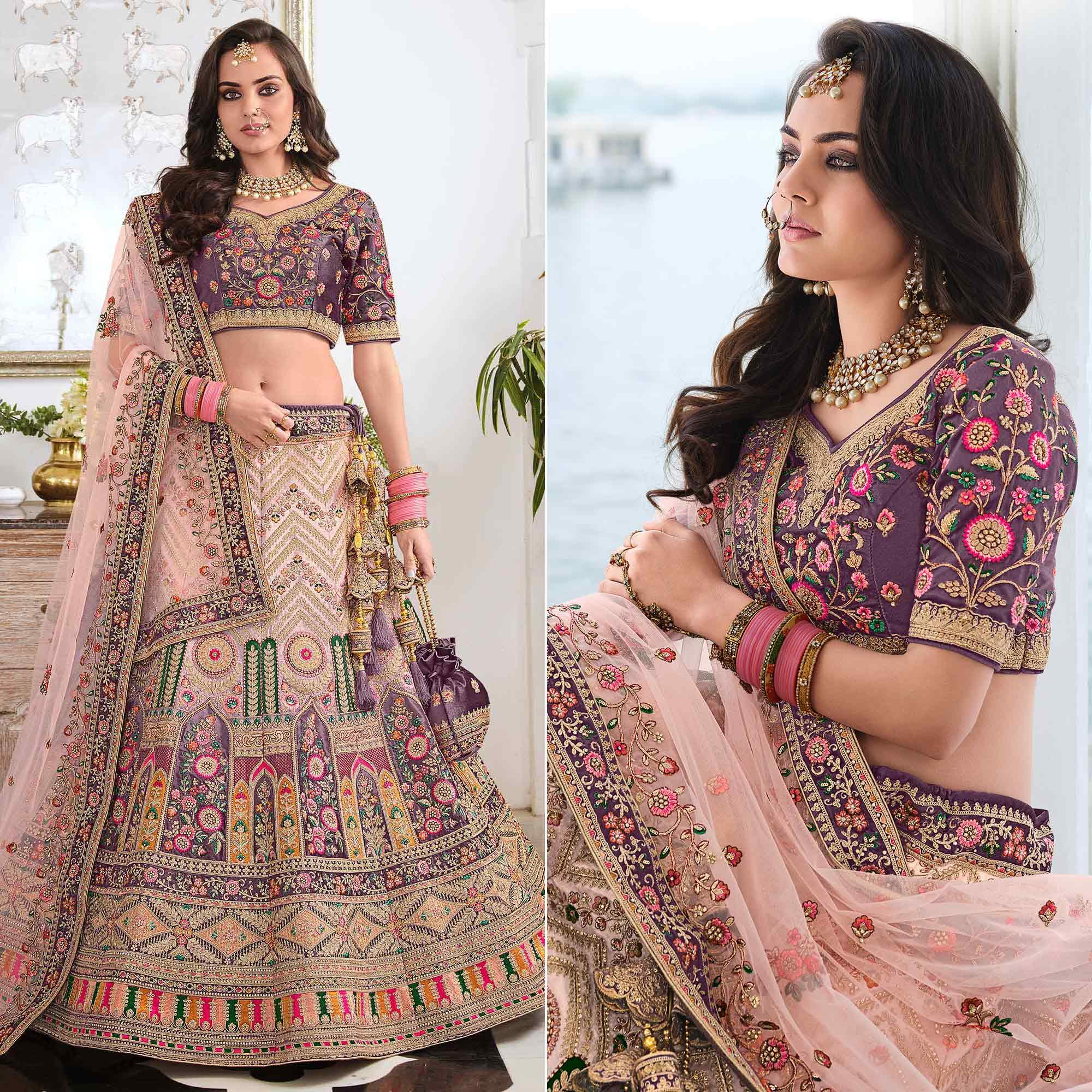 Beige & Purple Wedding Wear Sequence Floral Embroidered Velvet Lehenga Choli - Peachmode