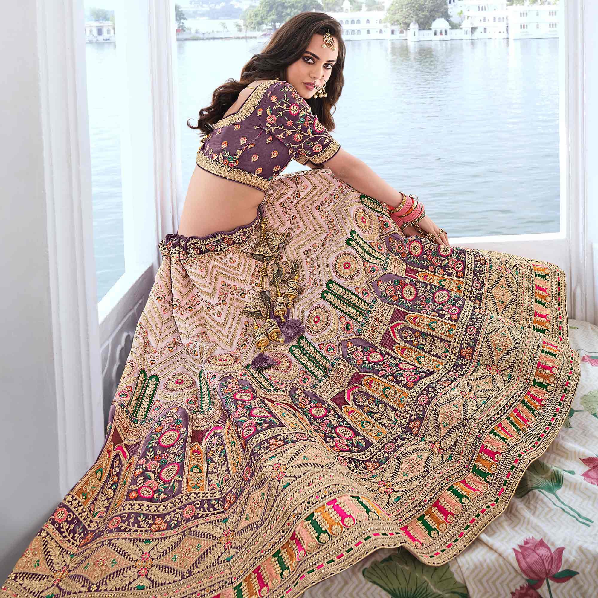 Beige & Purple Wedding Wear Sequence Floral Embroidered Velvet Lehenga Choli - Peachmode