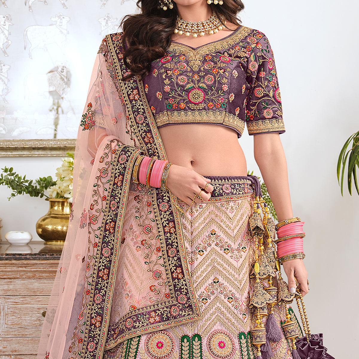 Beige & Purple Wedding Wear Sequence Floral Embroidered Velvet Lehenga Choli - Peachmode