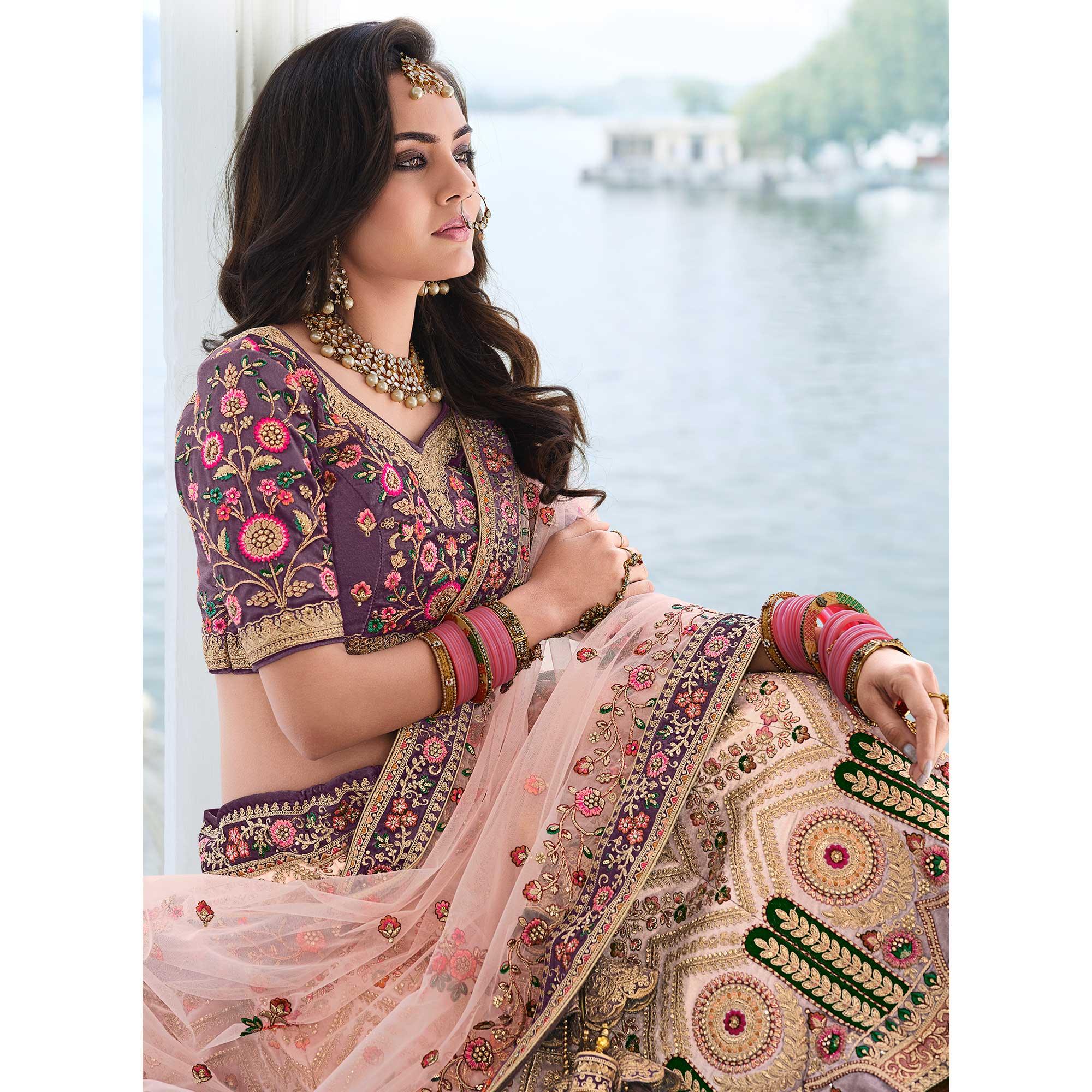 Beige & Purple Wedding Wear Sequence Floral Embroidered Velvet Lehenga Choli - Peachmode