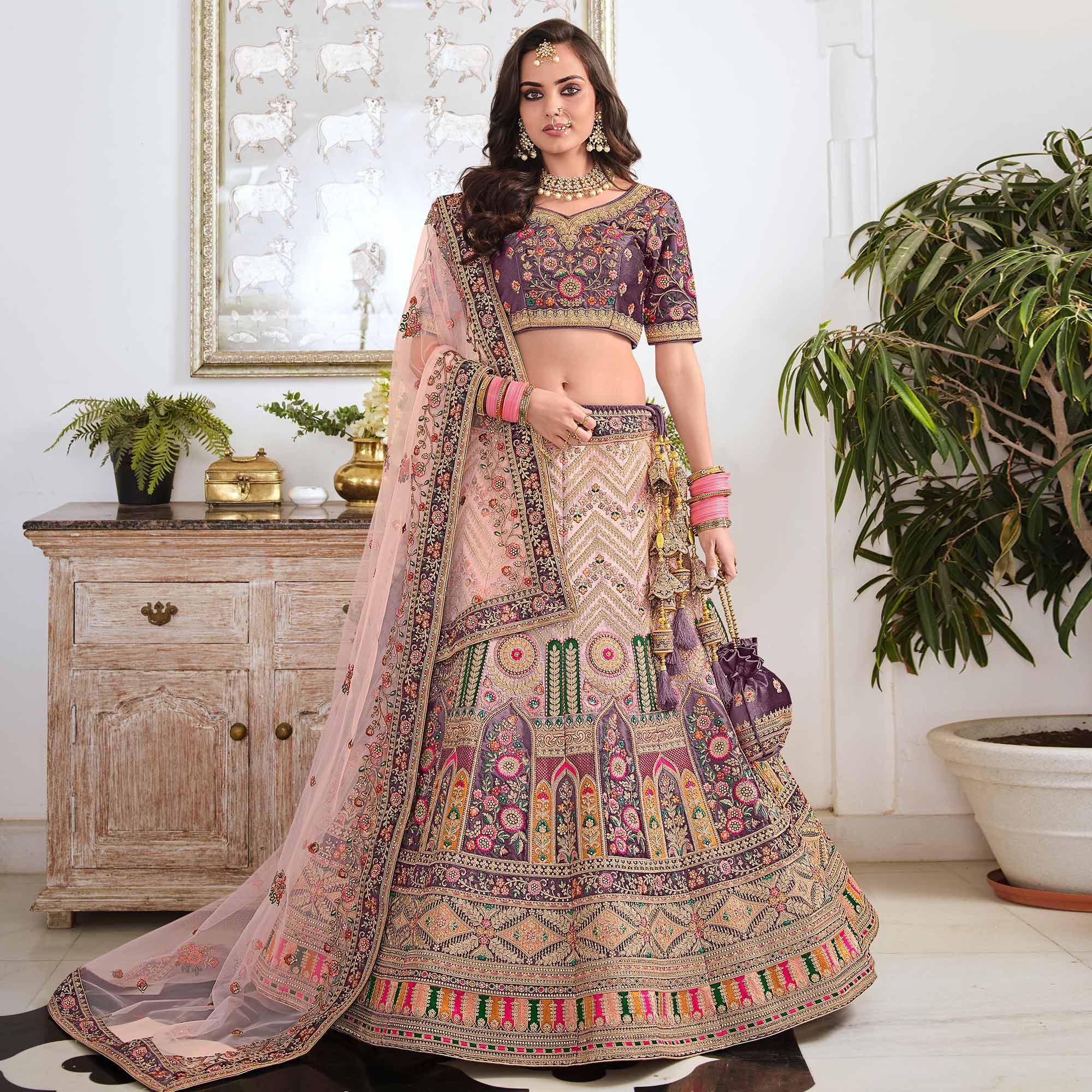 Beige & Purple Wedding Wear Sequence Floral Embroidered Velvet Lehenga Choli - Peachmode