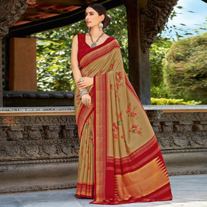 Beige & Red Casual Wear Printed Silk Saree - Peachmode