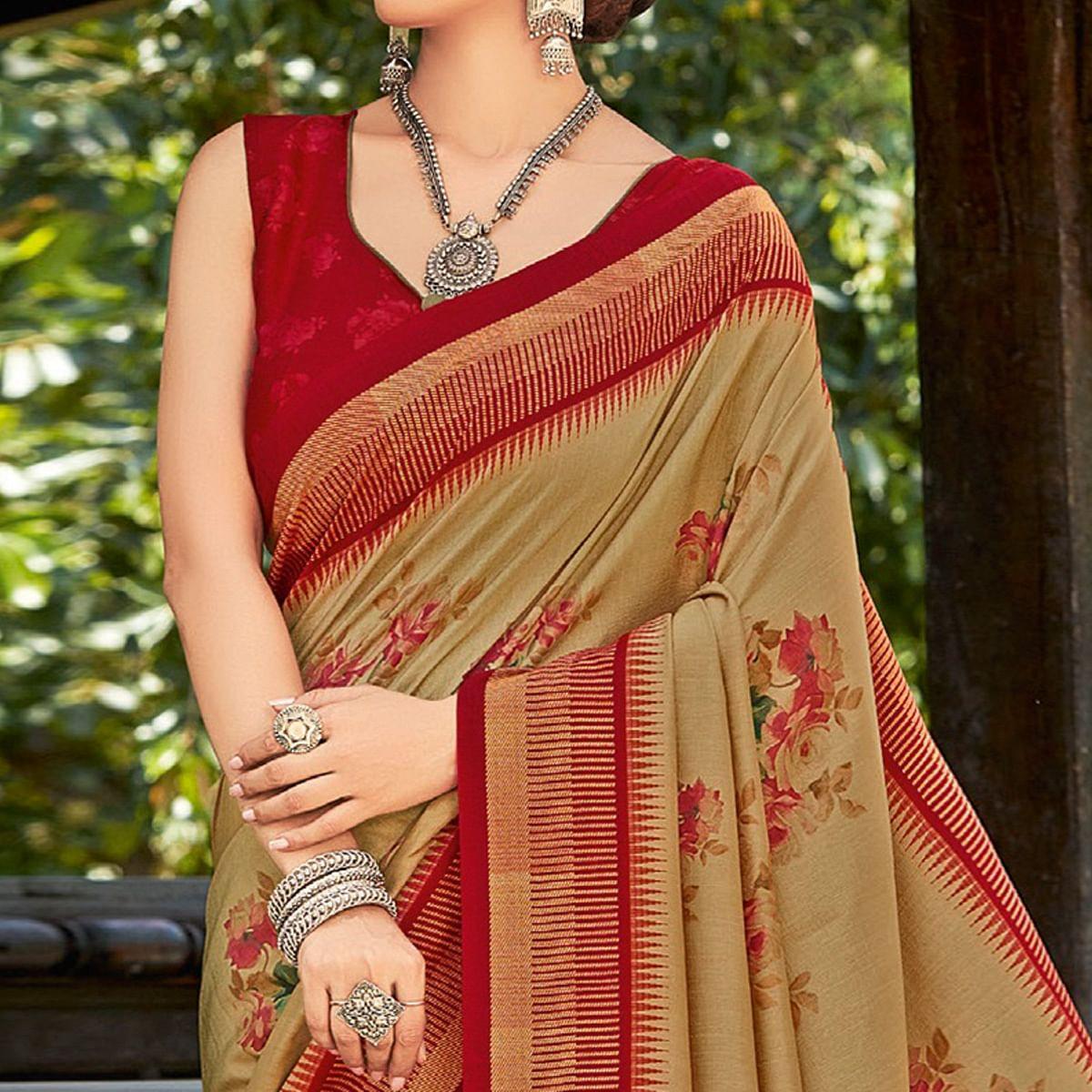 Beige & Red Casual Wear Printed Silk Saree - Peachmode