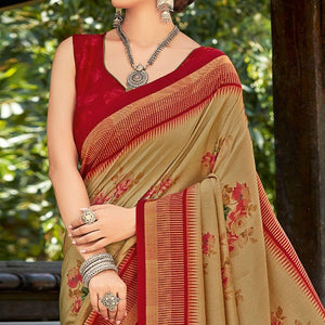 Beige & Red Casual Wear Printed Silk Saree - Peachmode