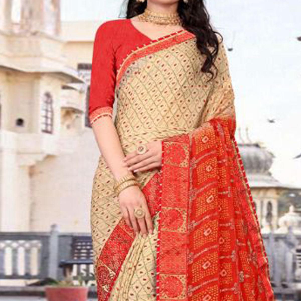 Beige & Red Festive Wear Bandhani Printed Chiffon Saree With Diamond Border - Peachmode
