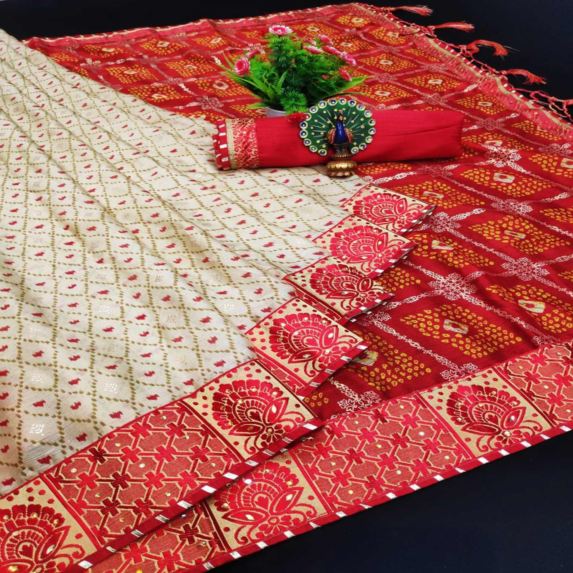 Beige & Red Festive Wear Bandhani Printed Chiffon Saree With Diamond Border - Peachmode