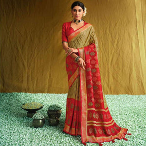 Beige & Red Partywear Weaving Resham Work Brasso Saree - Peachmode