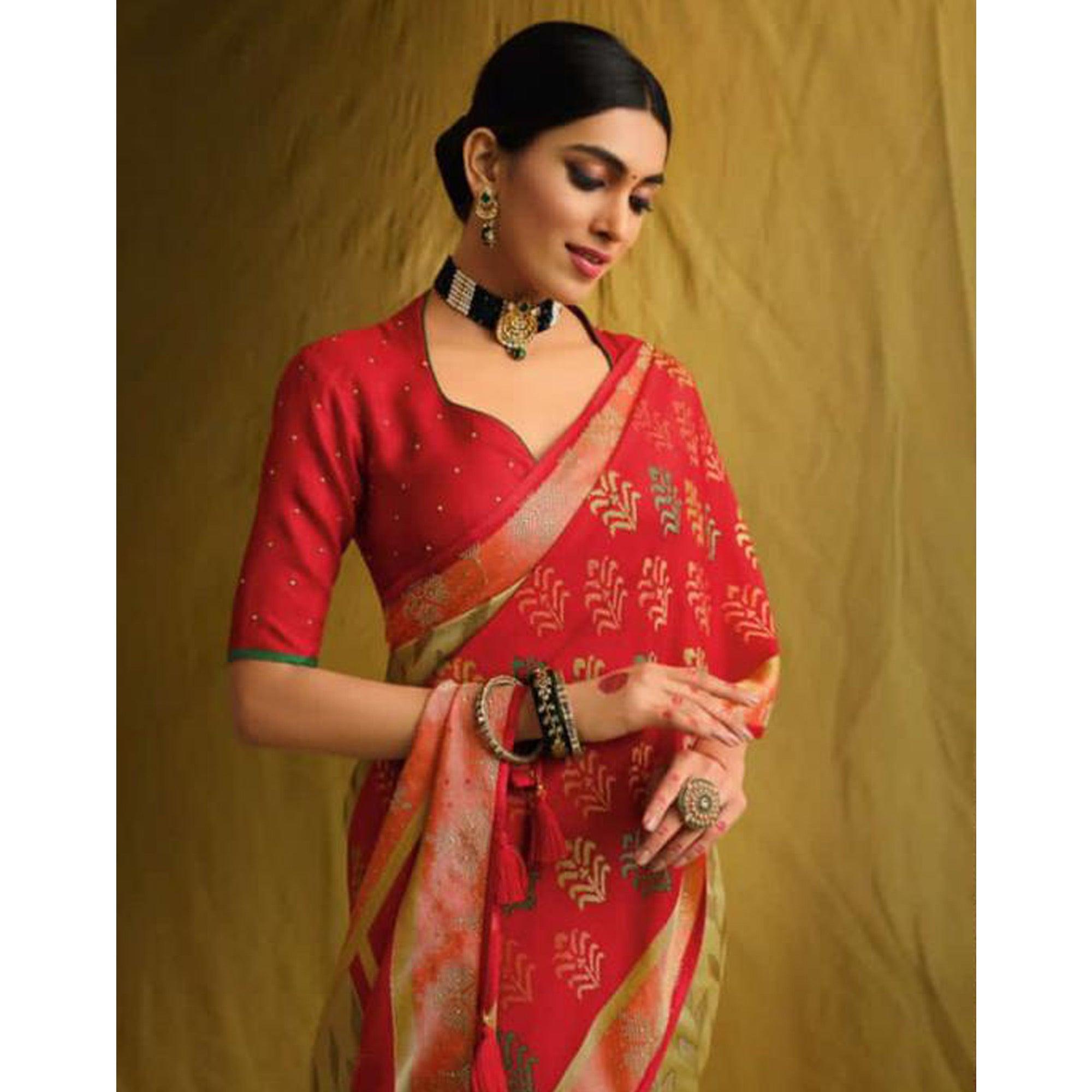 Beige & Red Partywear Weaving Resham Work Brasso Saree - Peachmode