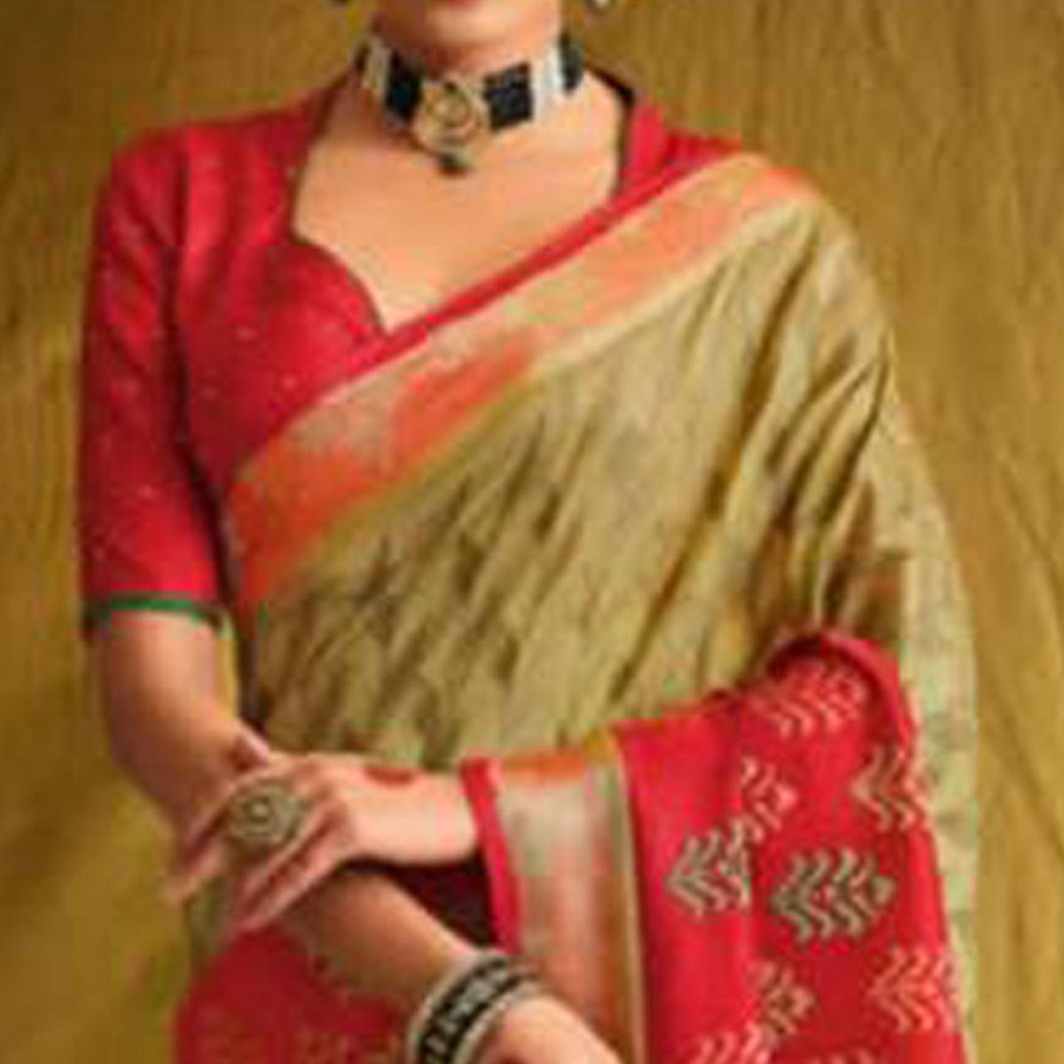 Beige & Red Partywear Weaving Resham Work Brasso Saree - Peachmode