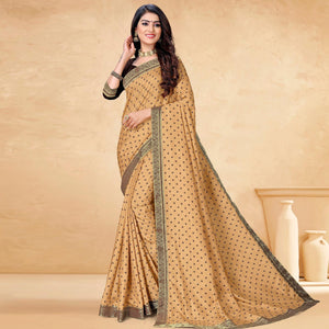 Beige Bandhani Printed Vichitra Silk Saree - Peachmode