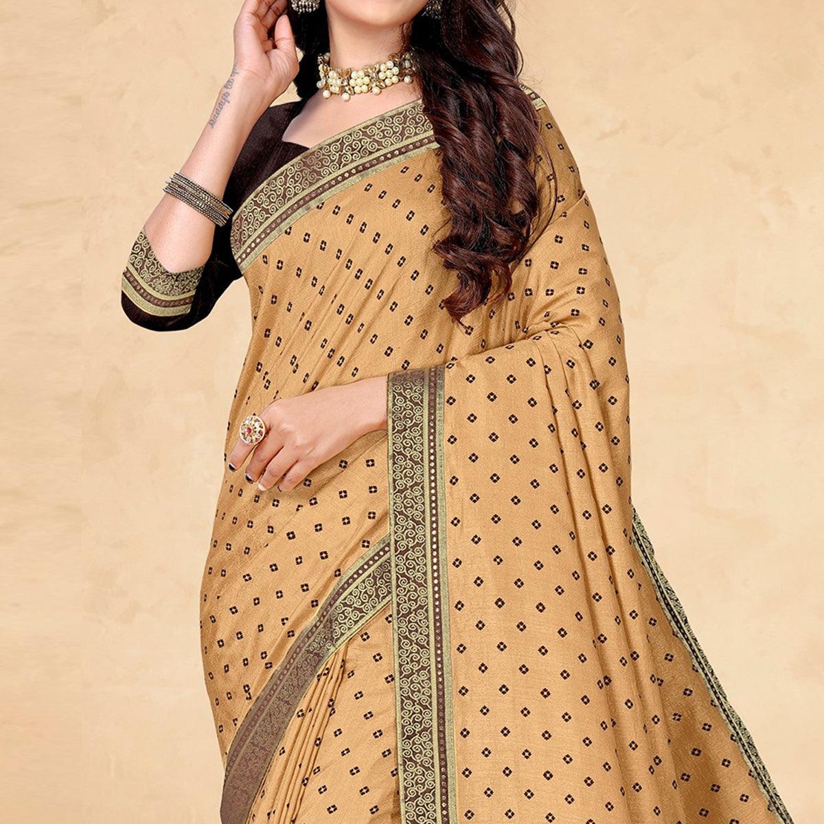 Beige Bandhani Printed Vichitra Silk Saree - Peachmode