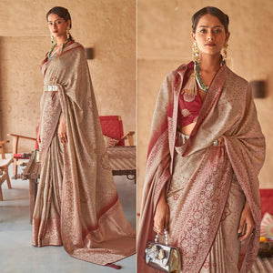 Beige Bandhani Printed With Woven Border Art Silk Saree - Peachmode