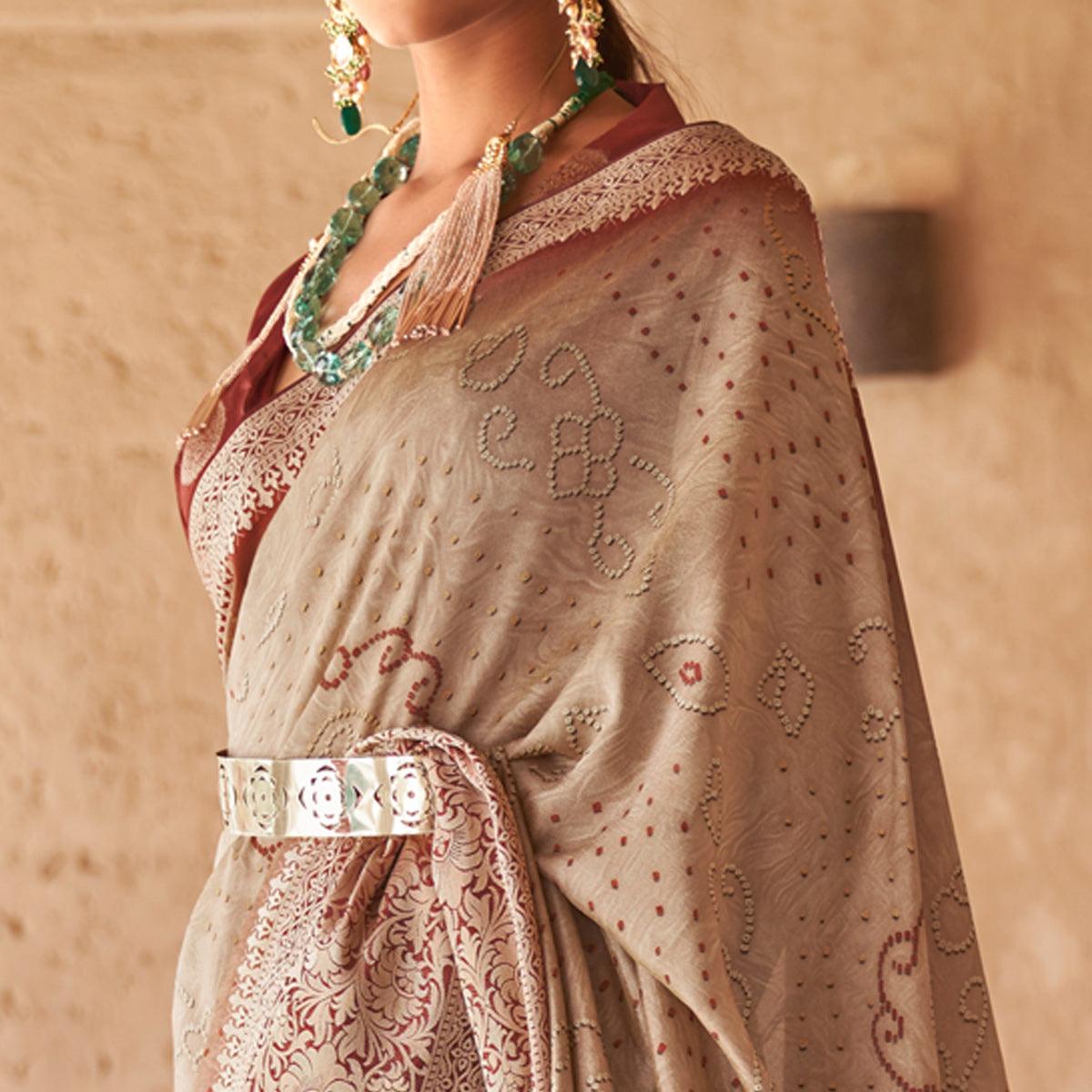 Beige Bandhani Printed With Woven Border Art Silk Saree - Peachmode