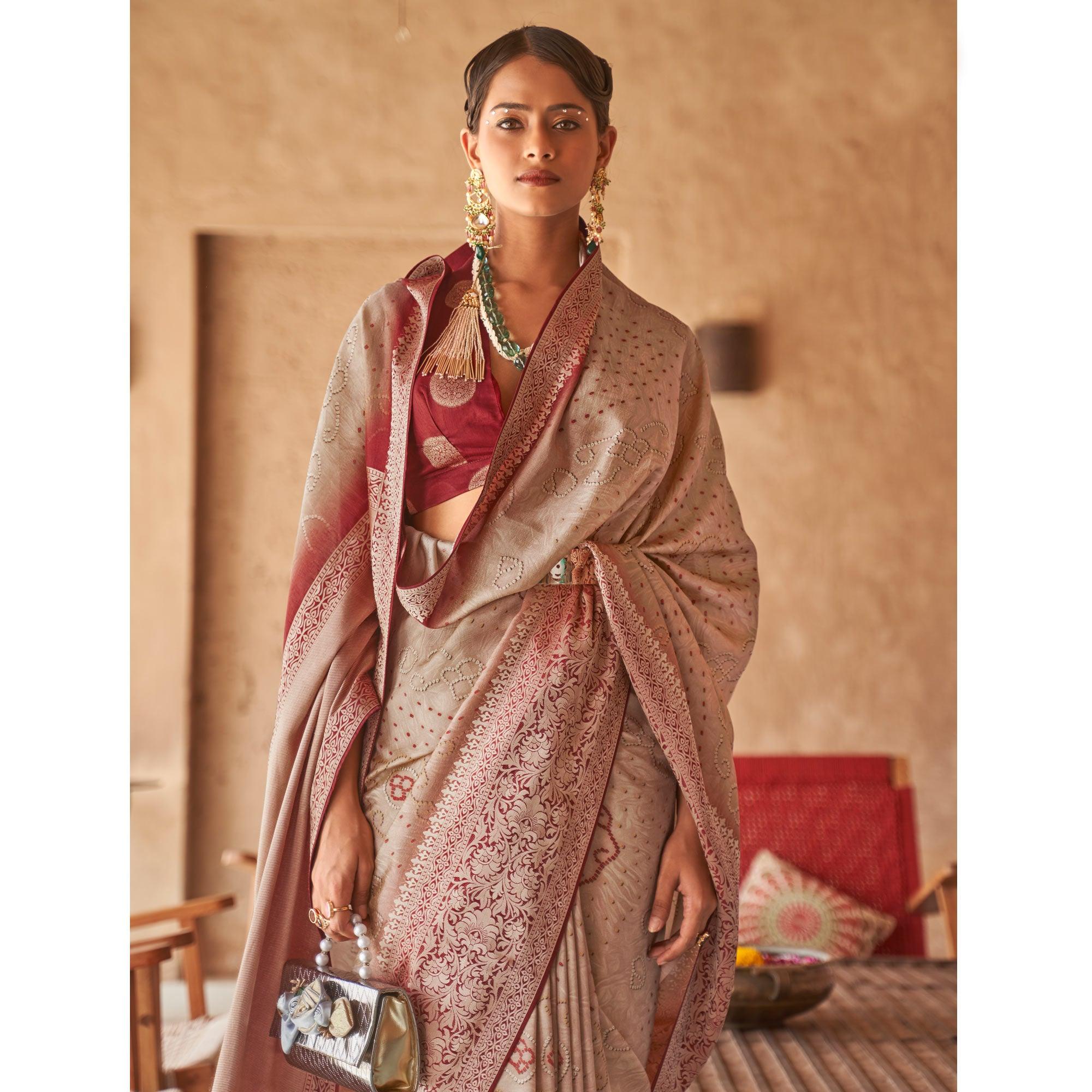 Beige Bandhani Printed With Woven Border Art Silk Saree - Peachmode