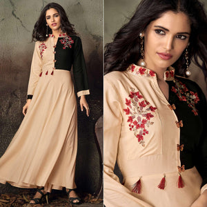 Beige-Black Floral Embroidered Rayon Kurti - Peachmode