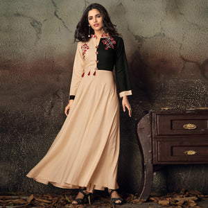 Beige-Black Floral Embroidered Rayon Kurti - Peachmode