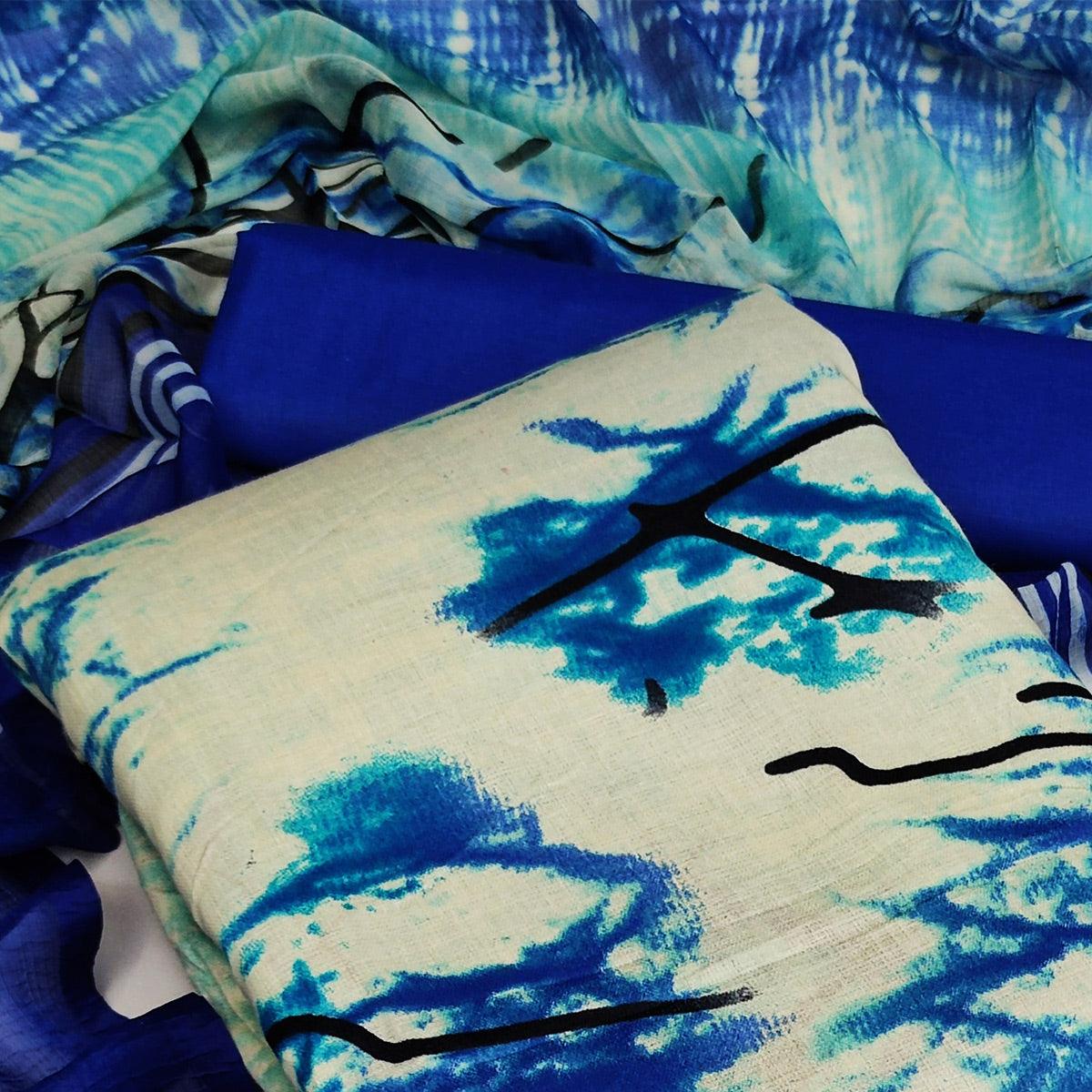 Beige-Blue Casual Wear Printed Cotton Dress Material - Peachmode
