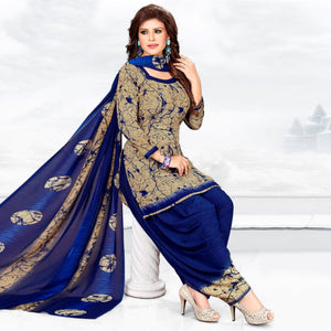 Beige-Blue Casual Wear Printed Crepe Patiala Dress Material - Peachmode