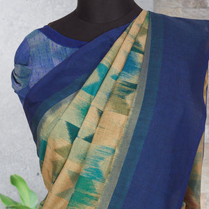 Beige-Blue Festive Wear Digital Printed Cotton Saree - Peachmode