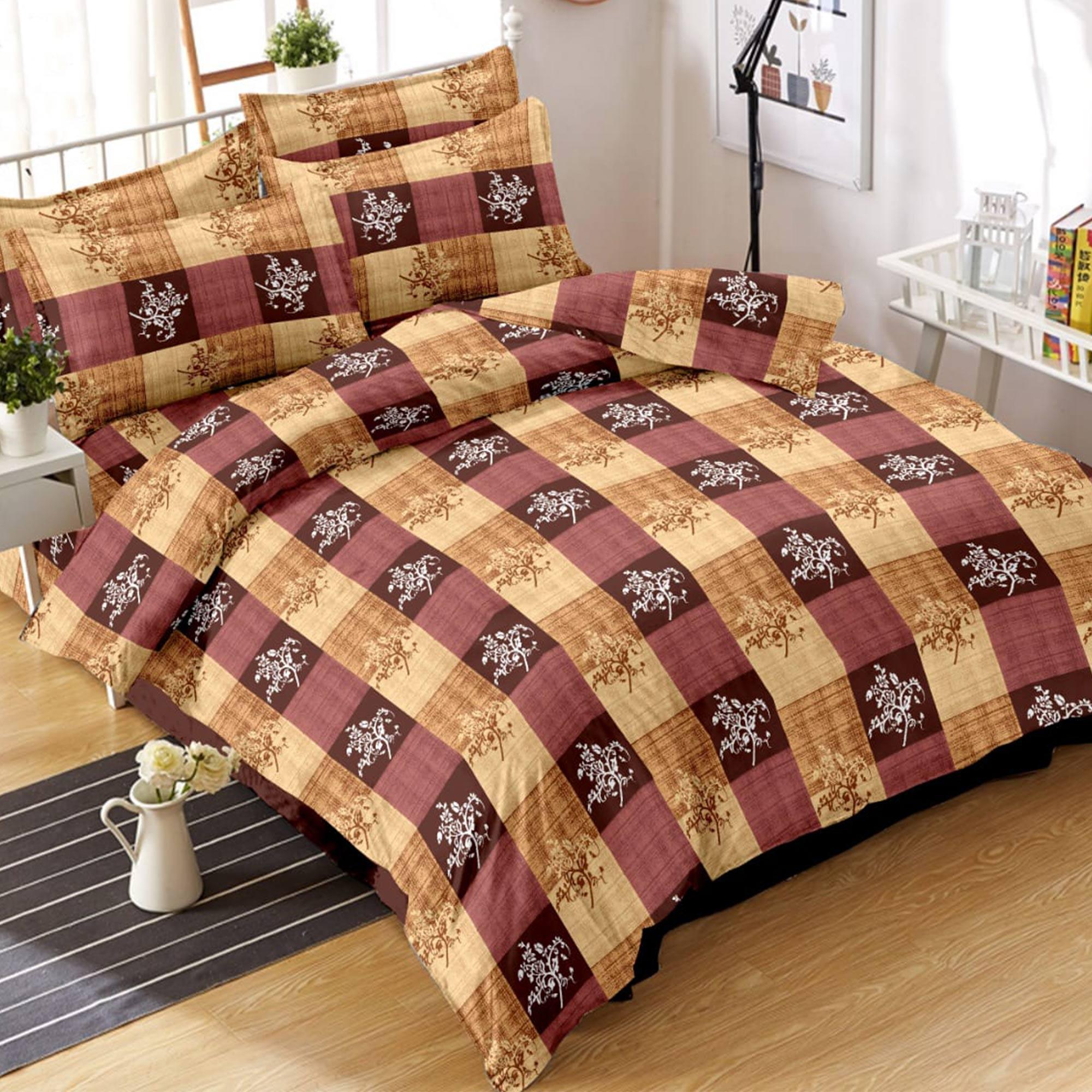 Beige-Brown Floral Printed Cotton Double Bedsheet With Pillow Cover - Peachmode