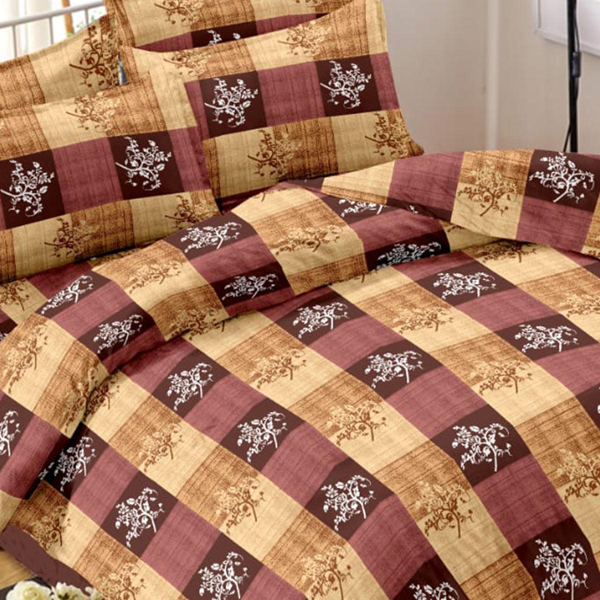 Beige-Brown Floral Printed Cotton Double Bedsheet With Pillow Cover - Peachmode