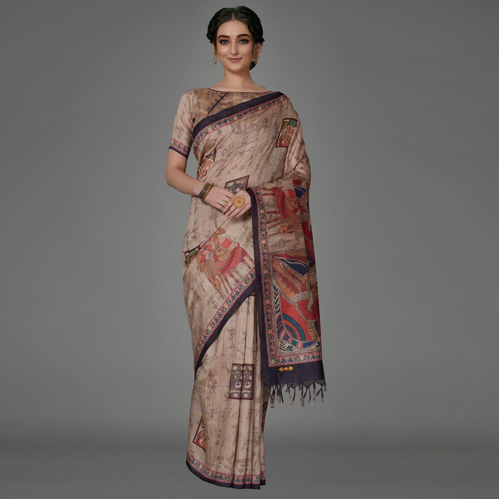 Beige Casual Art Silk Printed Saree With Unstitched Blouse - Peachmode