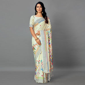 Beige Casual Art Silk Printed Saree With Unstitched Blouse - Peachmode