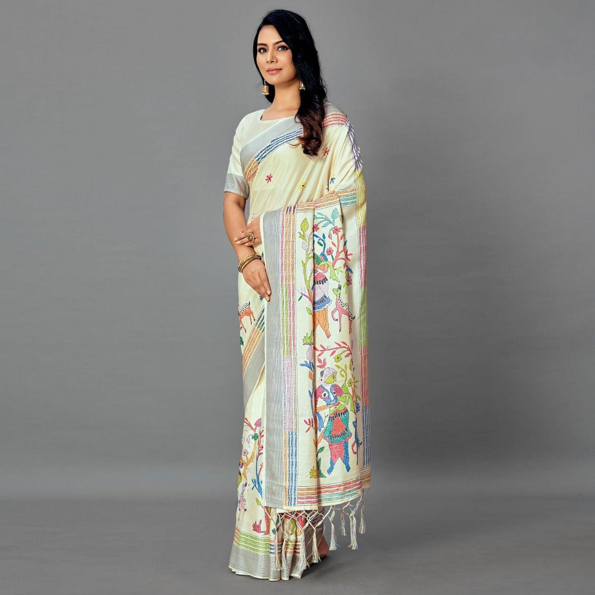 Beige Casual Art Silk Printed Saree With Unstitched Blouse - Peachmode