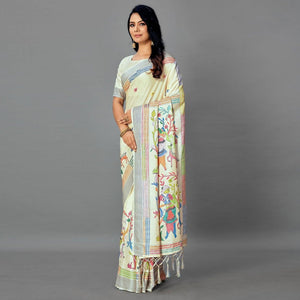 Beige Casual Art Silk Printed Saree With Unstitched Blouse - Peachmode