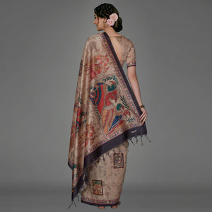 Beige Casual Art Silk Printed Saree With Unstitched Blouse - Peachmode